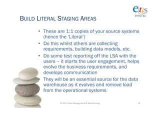 BUILD LITERAL STAGING AREAS
                                                                                           CYPRUS ‘11




                       •  These are 1:1 copies of your source systems
                          (hence the ‘Literal’)
                       •  Do this whilst others are collecting
                          requirements, building data models, etc.
                       •  Do some test reporting off the LSA with the
                          users – it starts the user engagement, helps
                          evolve the business requirements, and
                          develops communication
                       •  They will be an essential source for the data
                          warehouse as it evolves and remove load
                          from the operational systems

 14-­‐Oct-­‐2011	
               ©	
  2011	
  Data	
  Management	
  &	
  Warehousing	
       14	
  
 