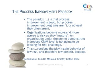THE PROCESS IMPROVEMENT PARADOX
                                                                                            CYPRUS ‘11




                       •  The paradox (…) is that process
                          improvement is good, but process
                          improvement programs aren't, or at least
                          they often aren't.
                       •  Organizations become more and more
                          averse to risk as they "mature”. An
                          organization under the gun to demonstrate
                          increased CMM level is not going to go
                          looking for real challenge.
                       •  This (…) entices the play-it-safe behavior of
                          low-risk, and therefore low-benefit, projects.

                       Peopleware; Tom De Marco & Timothy Lister; 1987

 14-­‐Oct-­‐2011	
                ©	
  2011	
  Data	
  Management	
  &	
  Warehousing	
        5	
  
 