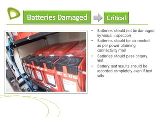 • Batteries should not be damaged
by visual inspection
• Batteries should be connected
as per power planning
connectivity mail
• Batteries should pass battery
test
• Battery test results should be
recorded completely even if test
fails
 