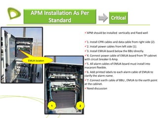APM should be installed vertically and fixed well
1. Install CPRI cables and data cable from right side (2).
2. Install power cables from left side (1).
3. Install EMUA board below the BBU directly.
4. Connect power cable of EMUA board from TP cabinet
with circuit breaker 6 Amp.
5. All alarm cables of EMUA board must install into
macaroni flexible.
6. Add printed labels to each alarm cable of EMUA to
clarify the alarm name.
7. Connect earth cable of BBU , EMUA to the earth point
at the cabinet.
Need discussion
EMUA location
1 2
 