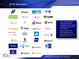 ETIS MembersETIS Members
» ETIS represents 31
Telecom providers
supplying voice, mobile
and data services all
over Europe
» Total revenue from
ETIS Members was
estimate at over +274
Billion euro in 2011
 