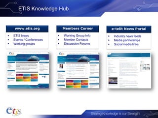 ETIS Knowledge Hub
 ETIS News
 Events / Conferences
 Working groups
www.etis.org
 Working Group Info
 Member Contacts
 Discussion Forums
Members Corner
 Industry news feeds
 Media partnerships
 Social media links
e-telit News Portal
 