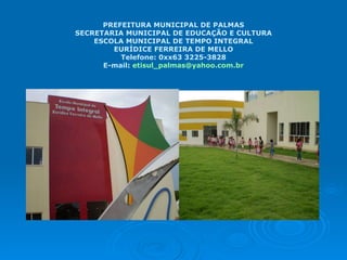 PREFEITURA MUNICIPAL DE PALMAS SECRETARIA MUNICIPAL DE EDUCAÇÃO E CULTURA ESCOLA MUNICIPAL DE TEMPO INTEGRAL EURÍDICE FERREIRA DE MELLO Telefone: 0xx63 3225-3828 E-mail :  [email_address] 