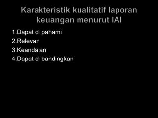 1.Dapat di pahami 
2.Relevan 
3.Keandalan 
4.Dapat di bandingkan 
 