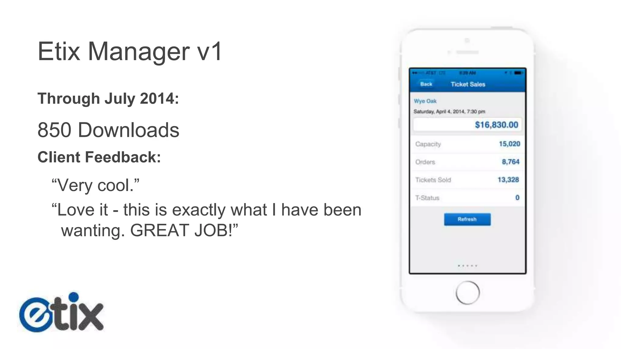 Etix Manager v1 
Through July 2014: 
850 Downloads 
Client Feedback: 
“Very cool.” 
“Love it - this is exactly what I have been 
wanting. GREAT JOB!” 
 