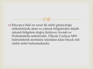 
 Etiyopya’daki en uzun iki nehir güneydoğu
istikametinde akan ve yüksek bölgelerden düşük
rakımlı bölgelere doğru ilerleyen Awash ve
Wabishebelle nehirleridir. Ülkede 2 milyar MW
hidroelektrik üretimini mümkün kılan birçok irili
ufaklı nehir bulunmaktadır.
 