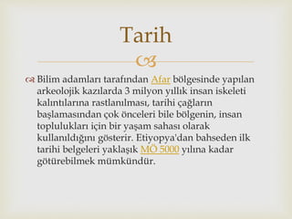 
 Bilim adamları tarafından Afar bölgesinde yapılan
arkeolojik kazılarda 3 milyon yıllık insan iskeleti
kalıntılarına rastlanılması, tarihi çağların
başlamasından çok önceleri bile bölgenin, insan
toplulukları için bir yaşam sahası olarak
kullanıldığını gösterir. Etiyopya'dan bahseden ilk
tarihi belgeleri yaklaşık MÖ 5000 yılına kadar
götürebilmek mümkündür.
Tarih
 