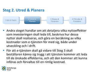 Steg 2. Utred & Planera Andra steget handlar om att detaljera vilka nyttoeffekter som investeringen skall leda till, beskriva hur dessa nyttor skall realiseras, och g?ra en ber?kning av vilka kostnader som e-tj?nsten f?r med sig, b?de under utveckling och i drift.  F?r att e-tj?nsten skall g? vidare till Steg 3 skall best?llaren k?nna sig trygg i att tj?nsten kommer att leda till de ?nskade effekterna, och att den kommer att kunna inf?ras och f?rvaltas till en rimlig kostnad. 2 Utred & Planera 1 Id & Vision 3 Skapa & F?r?ndra 4 F?rvalta & F?rb?ttra 