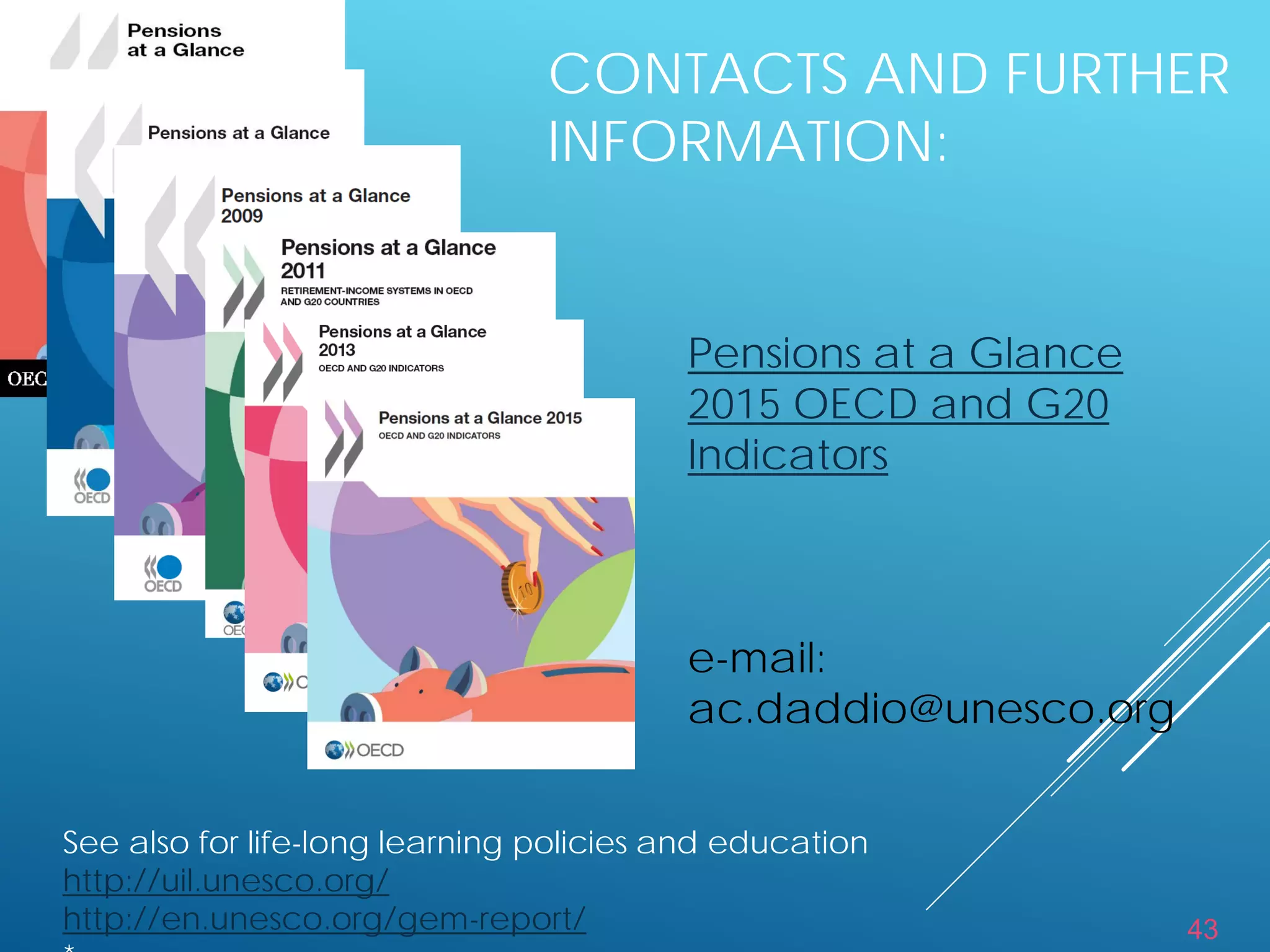 43
CONTACTS AND FURTHER
INFORMATION:
Pensions at a Glance
2015 OECD and G20
Indicators
e-mail:
ac.daddio@unesco.org
See also for life-long learning policies and education
http://uil.unesco.org/
http://en.unesco.org/gem-report/
 