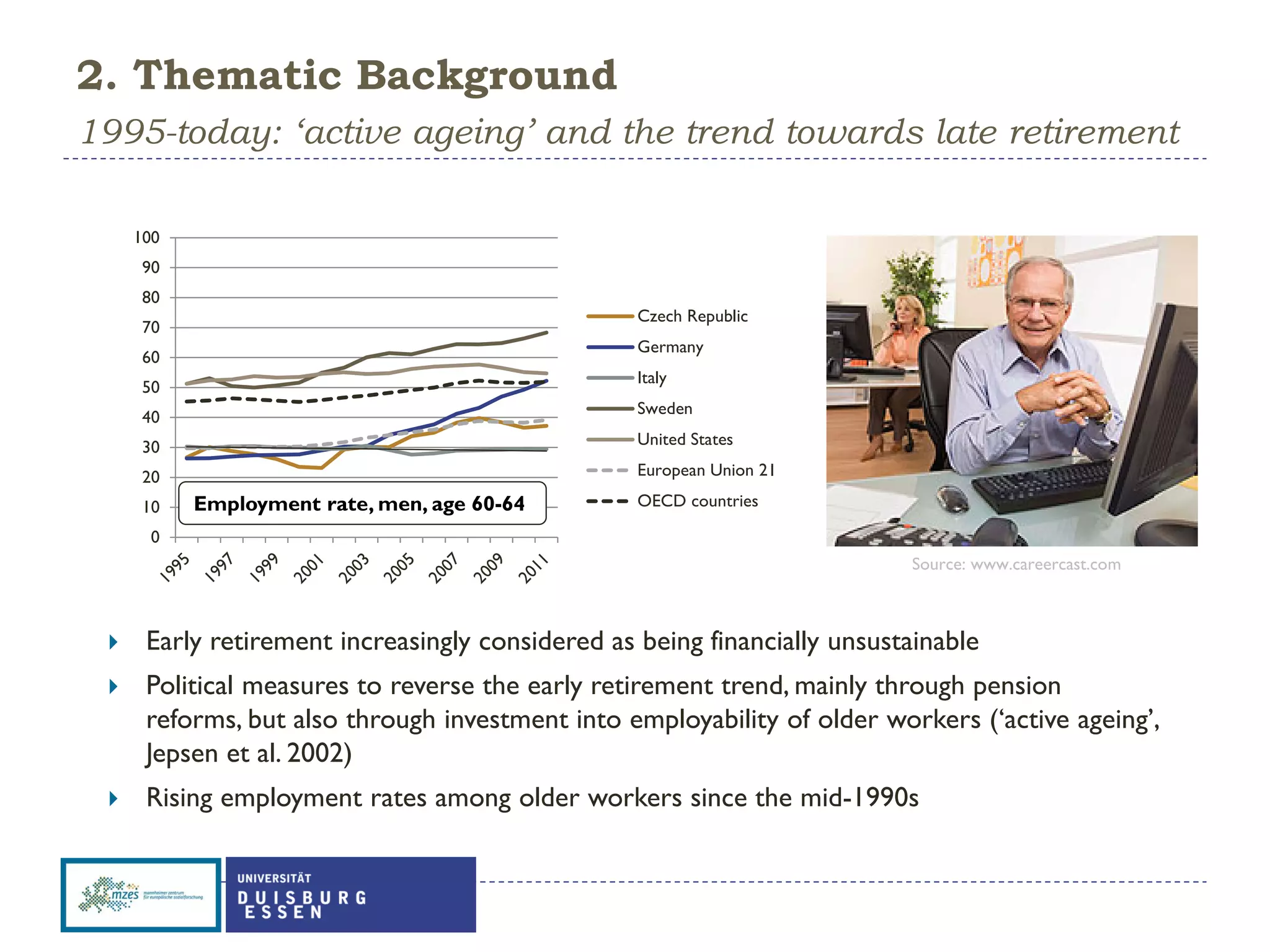 0
10
20
30
40
50
60
70
80
90
100
Czech Republic
Germany
Italy
Sweden
United States
European Union 21
OECD countries
2. Thematic Background
1995-today: ‘active ageing’ and the trend towards late retirement
Employment rate, men, age 60-64
 Early retirement increasingly considered as being financially unsustainable
 Political measures to reverse the early retirement trend, mainly through pension
reforms, but also through investment into employability of older workers (‘active ageing’,
Jepsen et al. 2002)
 Rising employment rates among older workers since the mid-1990s
Source: www.careercast.com
 