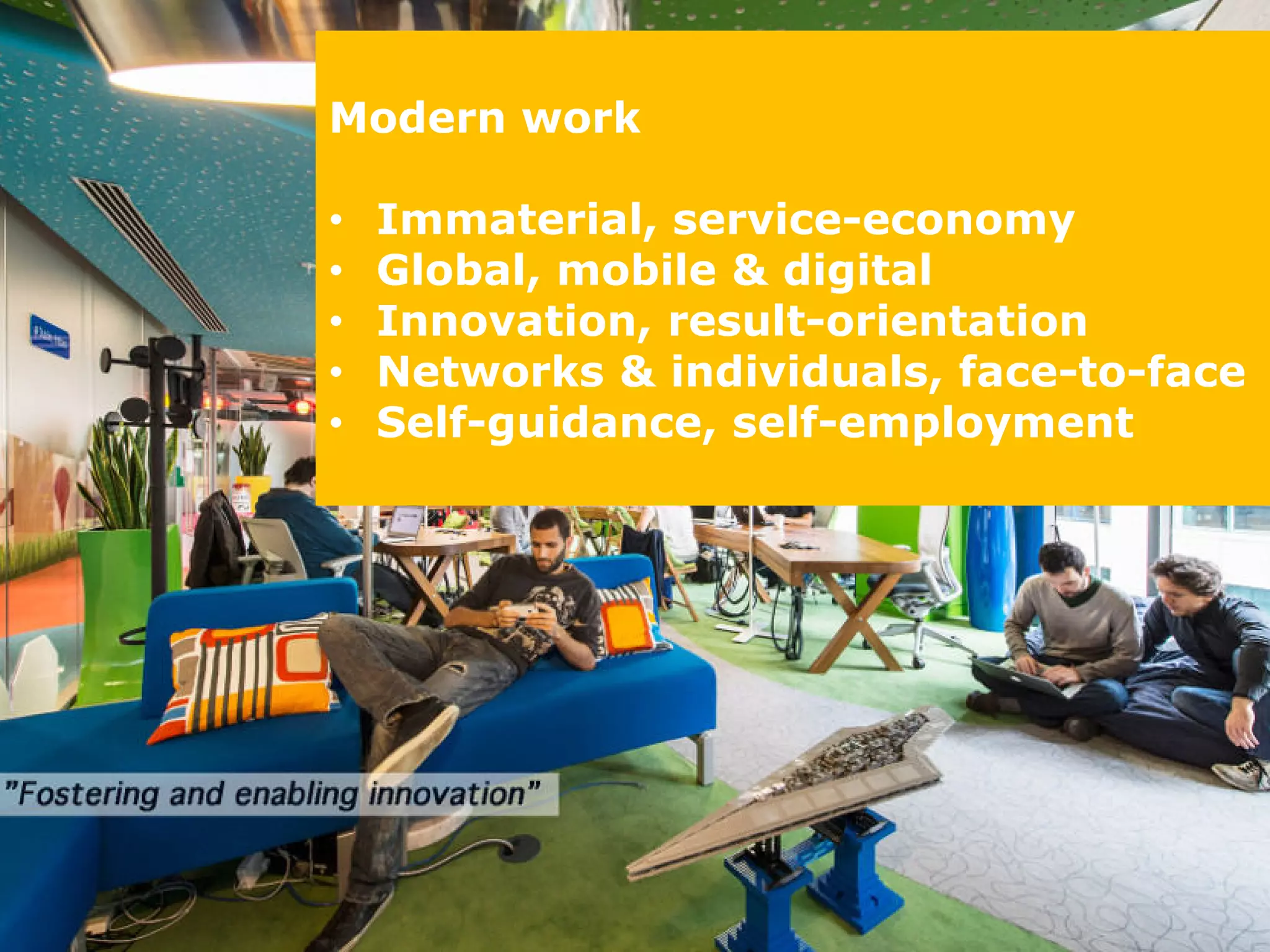 519 May 2017Mikko Kautto Centre for Pensions
Modern work
• Immaterial, service-economy
• Global, mobile & digital
• Innovation, result-orientation
• Networks & individuals, face-to-face
• Self-guidance, self-employment
 