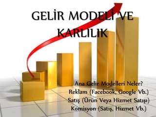 GELİR MODELİ VE
KARLILIK
Ana Gelir Modelleri Neler?
Reklam (Facebook, Google Vb.)
Satış (Ürün Veya Hizmet Satışı)
Komisyon...
