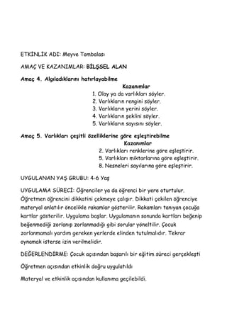 ETKĠNLĠK ADI: Meyve Tombalası

AMAÇ VE KAZANIMLAR: BİLŞSEL ALAN

Amaç 4. Algıladıklarını hatırlayabilme
                                           Kazanımlar
                              1. Olay ya da varlıkları söyler.
                              2. Varlıkların rengini söyler.
                              3. Varlıkların yerini söyler.
                              4. Varlıkların Ģeklini söyler.
                              5. Varlıkların sayısını söyler.

Amaç 5. Varlıkları çeşitli özelliklerine göre eşleştirebilme
                                          Kazanımlar
                               2. Varlıkları renklerine göre eĢleĢtirir.
                               5. Varlıkları miktarlarına göre eĢleĢtirir.
                               8. Nesneleri sayılarına göre eĢleĢtirir.

UYGULANAN YAġ GRUBU: 4-6 YaĢ

UYGULAMA SÜRECĠ: Öğrenciler ya da öğrenci bir yere oturtulur.
Öğretmen öğrencini dikkatini çekmeye çalıĢır. Dikkati çekilen öğrenciye
materyal anlatılır öncelikle rakamlar gösterilir. Rakamları tanıyan çocuğa
kartlar gösterilir. Uygulama baĢlar. Uygulamanın sonunda kartları beğenip
beğenmediği zorlanıp zorlanmadığı gibi sorular yöneltilir. Çocuk
zorlanmamalı yardım gereken yerlerde elinden tutulmalıdır. Tekrar
oynamak isterse izin verilmelidir.

DEĞERLENDĠRME: Çocuk açısından baĢarılı bir eğitim süreci gerçekleĢti

Öğretmen açısından etkinlik doğru uygulatıldı

Materyal ve etkinlik açısından kullanıma geçilebildi.
 