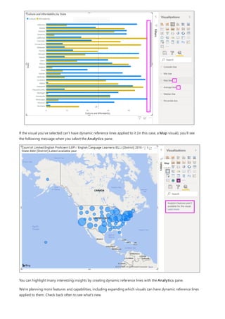 If the visual you've selected can't have dynamic reference lines applied to it (in this case, a Map visual), you'll see
the following message when you select the Analytics pane.
You can highlight many interesting insights by creating dynamic reference lines with the Analytics pane.
We're planning more features and capabilities, including expanding which visuals can have dynamic reference lines
applied to them. Check back often to see what's new.
 