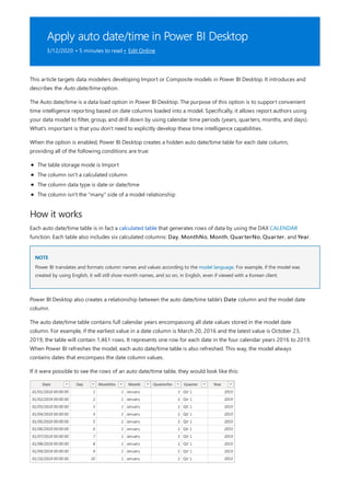 Apply auto date/time in Power BI Desktop
3/12/2020 • 5 minutes to read • Edit Online
How it works
NOTE
This article targets data modelers developing Import or Composite models in Power BI Desktop. It introduces and
describes the Auto date/time option.
The Auto date/time is a data load option in Power BI Desktop. The purpose of this option is to support convenient
time intelligence reporting based on date columns loaded into a model. Specifically, it allows report authors using
your data model to filter, group, and drill down by using calendar time periods (years, quarters, months, and days).
What's important is that you don't need to explicitly develop these time intelligence capabilities.
When the option is enabled, Power BI Desktop creates a hidden auto date/time table for each date column,
providing all of the following conditions are true:
The table storage mode is Import
The column isn't a calculated column
The column data type is date or date/time
The column isn't the "many" side of a model relationship
Each auto date/time table is in fact a calculated table that generates rows of data by using the DAX CALENDAR
function. Each table also includes six calculated columns: Day, MonthNo, Month, QuarterNo, Quarter, and Year.
Power BI translates and formats column names and values according to the model language. For example, if the model was
created by using English, it will still show month names, and so on, in English, even if viewed with a Korean client.
Power BI Desktop also creates a relationship between the auto date/time table's Date column and the model date
column.
The auto date/time table contains full calendar years encompassing all date values stored in the model date
column. For example, if the earliest value in a date column is March 20, 2016 and the latest value is October 23,
2019, the table will contain 1,461 rows. It represents one row for each date in the four calendar years 2016 to 2019.
When Power BI refreshes the model, each auto date/time table is also refreshed. This way, the model always
contains dates that encompass the date column values.
If it were possible to see the rows of an auto date/time table, they would look like this:
 