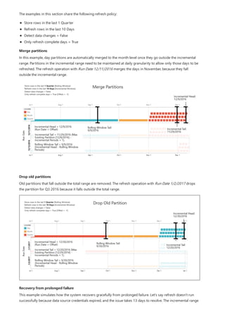 Merge partitions
Drop old partitions
Recovery from prolonged failure
The examples in this section share the following refresh policy:
Store rows in the last 1 Quarter
Refresh rows in the last 10 Days
Detect data changes = False
Only refresh complete days = True
In this example, day partitions are automatically merged to the month level once they go outside the incremental
range. Partitions in the incremental range need to be maintained at daily granularity to allow only those days to be
refreshed. The refresh operation with Run Date 12/11/2016 merges the days in November, because they fall
outside the incremental range.
Old partitions that fall outside the total range are removed. The refresh operation with Run Date 1/2/2017 drops
the partition for Q3 2016 because it falls outside the total range.
This example simulates how the system recovers gracefully from prolonged failure. Let's say refresh doesn't run
successfully because data source credentials expired, and the issue takes 13 days to resolve. The incremental range
 