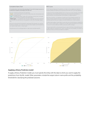 Applying a Binary Prediction model
To apply a Binary Prediction model, you must specify the entity with the data to which you want to apply the
predictions from the ML model. Other parameters include the output column name prefix and the probability
threshold for classifying the predicted outcome.
 