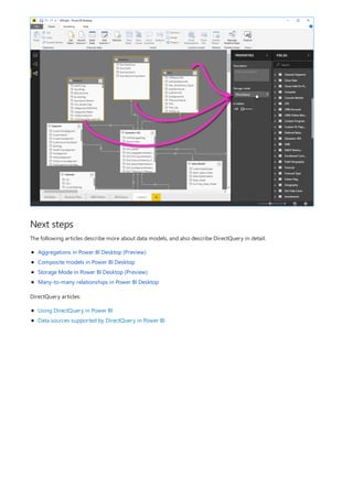 Next steps
The following articles describe more about data models, and also describe DirectQuery in detail.
Aggregations in Power BI Desktop (Preview)
Composite models in Power BI Desktop
Storage Mode in Power BI Desktop (Preview)
Many-to-many relationships in Power BI Desktop
DirectQuery articles:
Using DirectQuery in Power BI
Data sources supported by DirectQuery in Power BI
 