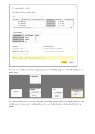 Now that we've established this relationship, it's displayed in the Relationship view in Power BI Desktop, as we
would expect.
We can now create visuals by using any of the fields in the Fields list. This approach seamlessly blends data from
multiple sources. For example, the total SalesAmount for each Product Manager is displayed in the following
image:
 
