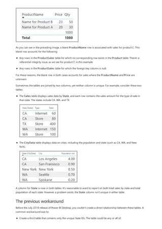 The previous workaround
As you can see in the preceding image, a blank ProductName row is associated with sales for product C. This
blank row accounts for the following:
Any rows in the ProductSales table for which no corresponding row exists in the Product table. There's a
referential integrity issue, as we see for product C in this example.
Any rows in the ProductSales table for which the foreign key column is null.
For these reasons, the blank row in both cases accounts for sales where the ProductName and Price are
unknown.
Sometimes the tables are joined by two columns, yet neither column is unique. For example, consider these two
tables:
The Sales table displays sales data by State, and each row contains the sales amount for the type of sale in
that state. The states include CA, WA, and TX.
The CityData table displays data on cities, including the population and state (such as CA, WA, and New
York).
A column for State is now in both tables. It's reasonable to want to report on both total sales by state and total
population of each state. However, a problem exists: the State column isn't unique in either table.
Before the July 2018 release of Power BI Desktop, you couldn't create a direct relationship between these tables. A
common workaround was to:
Create a third table that contains only the unique State IDs. The table could be any or all of:
 