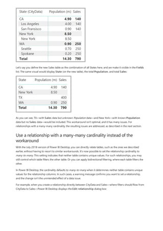 Use a relationship with a many-many cardinality instead of the
workaround
Let's say you define the new Sales table as the combination of all States here, and we make it visible in the Fields
list. The same visual would display State (on the new table), the total Population, and total Sales:
As you can see, TX—with Sales data but unknown Population data—and New York—with known Population
data but no Sales data—would be included. This workaround isn't optimal, and it has many issues. For
relationships with a many-many cardinality, the resulting issues are addressed, as described in the next section.
With the July 2018 version of Power BI Desktop, you can directly relate tables, such as the ones we described
earlier, without having to resort to similar workarounds. It's now possible to set the relationship cardinality to
many-to-many. This setting indicates that neither table contains unique values. For such relationships, you may
still control which table filters the other table. Or you can apply bidirectional filtering, where each table filters the
other.
In Power BI Desktop, the cardinality defaults to many-to-many when it determines neither table contains unique
values for the relationship columns. In such cases, a warning message confirms you want to set a relationship,
and the change isn't the unintended effect of a data issue.
For example, when you create a relationship directly between CityData and Sales—where filters should flow from
CityData to Sales—Power BI Desktop displays the Edit relationship dialog box:
 