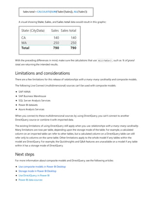 Limitations and considerations
Next steps
A visual showing State, Sales, and Sales total data would result in this graphic:
With the preceding differences in mind, make sure the calculations that use ALL(<Table>) , such as % of grand
total, are returning the intended results.
There are a few limitations for this release of relationships with a many-many cardinality and composite models.
The following Live Connect (multidimensional) sources can't be used with composite models:
SAP HANA
SAP Business Warehouse
SQL Server Analysis Services
Power BI datasets
Azure Analysis Services
When you connect to these multidimensional sources by using DirectQuery, you can't connect to another
DirectQuery source or combine it with imported data.
The existing limitations of using DirectQuery still apply when you use relationships with a many-many cardinality.
Many limitations are now per table, depending upon the storage mode of the table. For example, a calculated
column on an imported table can refer to other tables, but a calculated column on a DirectQuery table can still
refer only to columns on the same table. Other limitations apply to the whole model if any tables within the
model are DirectQuery. For example, the QuickInsights and Q&A features are unavailable on a model if any table
within it has a storage mode of DirectQuery.
For more information about composite models and DirectQuery, see the following articles:
Use composite models in Power BI Desktop
Storage mode in Power BI Desktop
Use DirectQuery in Power BI
Power BI data sources
 