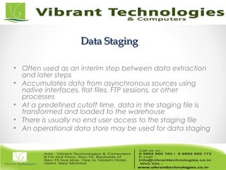 Data StagingData Staging
• Often used as an interim step between data extraction
and later steps
• Accumulates data from asynchronous sources using
native interfaces, flat files, FTP sessions, or other
processes
• At a predefined cutoff time, data in the staging file is
transformed and loaded to the warehouse
• There is usually no end user access to the staging file
• An operational data store may be used for data staging
 