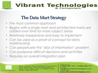 The Data Mart StrategyThe Data Mart Strategy
• The most common approach
• Begins with a single mart and architected marts are
added over time for more subject areas
• Relatively inexpensive and easy to implement
• Can be used as a proof of concept for data
warehousing
• Can perpetuate the “silos of information” problem
• Can postpone difficult decisions and activities
• Requires an overall integration plan
 