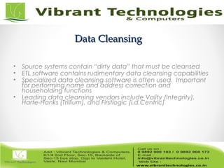 Data CleansingData Cleansing
• Source systems contain “dirty data” that must be cleansed
• ETL software contains rudimentary data cleansing capabilities
• Specialized data cleansing software is often used. Important
for performing name and address correction and
householding functions
• Leading data cleansing vendors include Vality (Integrity),
Harte-Hanks (Trillium), and Firstlogic (i.d.Centric)
 