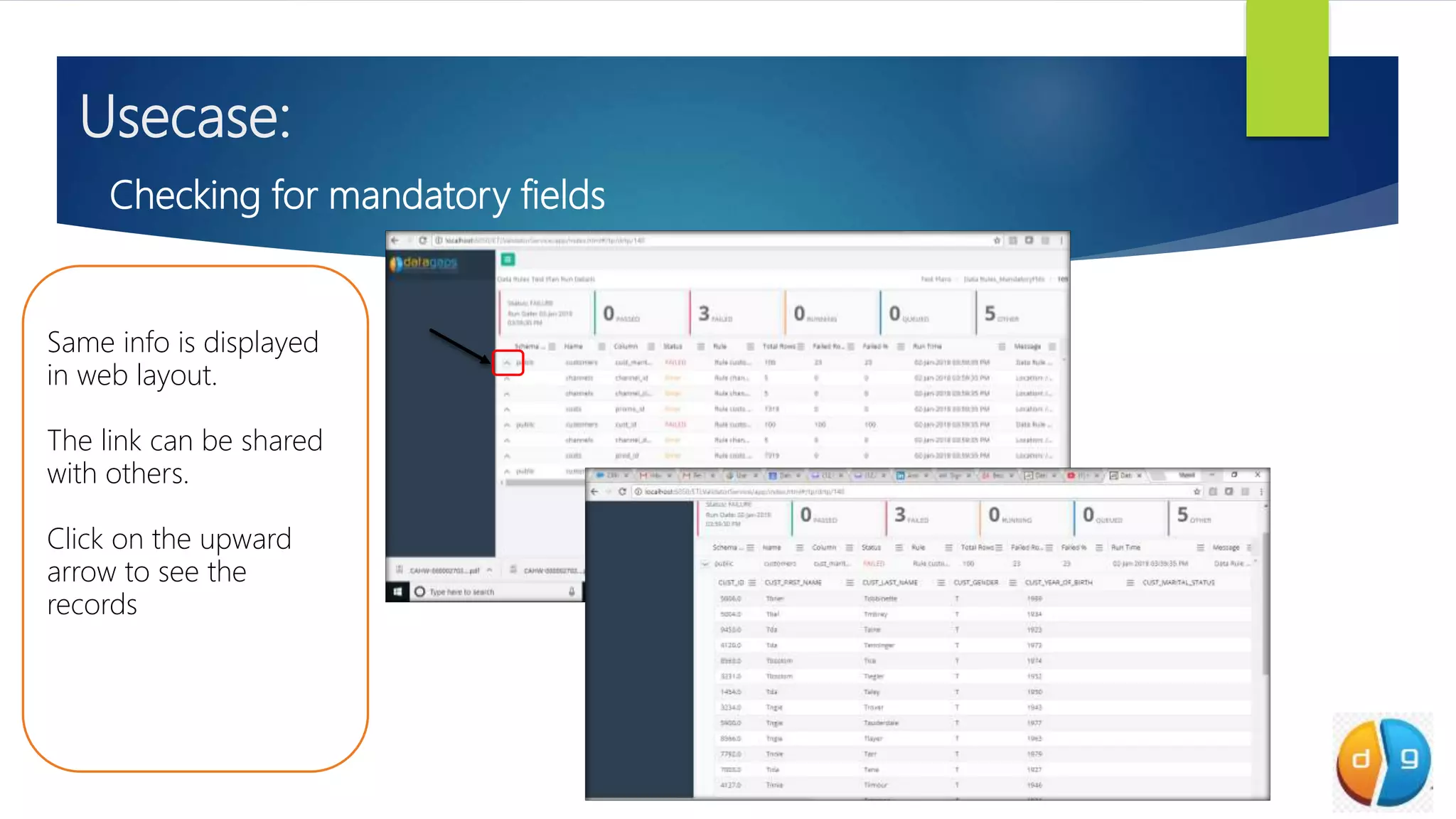 Usecase:
Checking for mandatory fields
Same info is displayed
in web layout.
The link can be shared
with others.
Click on the upward
arrow to see the
records
 