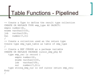 Table Functions - Pipelined
-- Create a Type to define the result type collection
CREATE OR REPLACE TYPE emp_type AS OBJECT(
empno number(4),
ename varchar2(10),
job varchar2(9),
Sal number(7,2))
/
-- Create a collection used as the return type
Create type emp_type_table as table of emp_type
/
-- Create a REF CURSOR as a package variable
CREATE OR REPLACE PACKAGE cursor_emp_pkg AS
type emp_rec is record (
empno number(4),
ename varchar2(10),
job varchar2(9),
sal number(7,2));
type strong_emp_cur is ref cursor return emp_rec;
End;
/
 