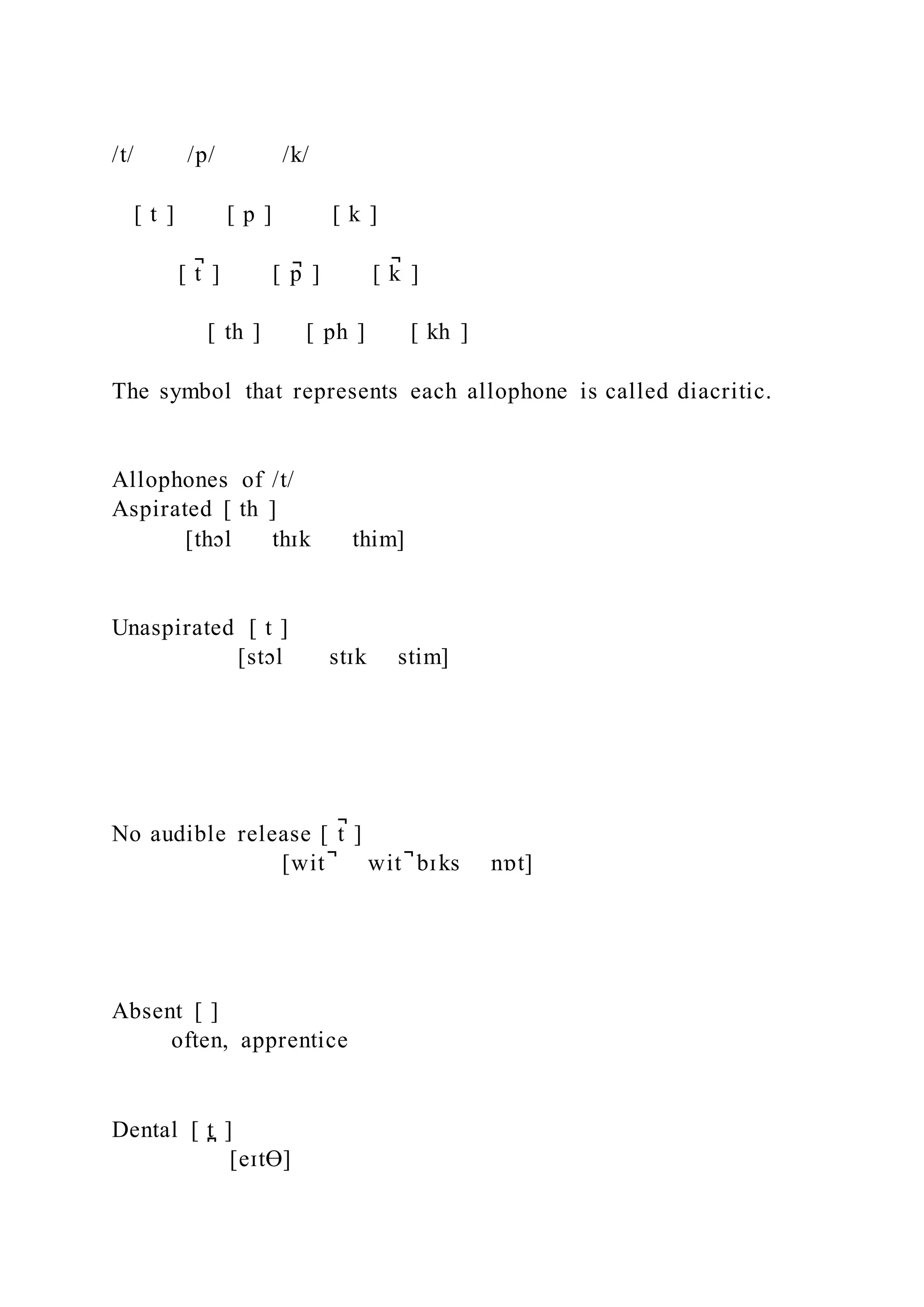 /t/ /p/ /k/
[ t ] [ p ] [ k ]
[ t̚ ] [ p
̚ ] [ k
̚ ]
[ th ] [ ph ] [ kh ]
The symbol that represents each allophone is called diacritic.
Allophones of /t/
Aspirated [ th ]
[thɔl thɪk thim]
Unaspirated [ t ]
[stɔl stɪk stim]
No audible release [ t̚ ]
[wit ̚ wit ̚ bɪks nɒt]
Absent [ ]
often, apprentice
Dental [ t̪ ]
[eɪtƟ]
 