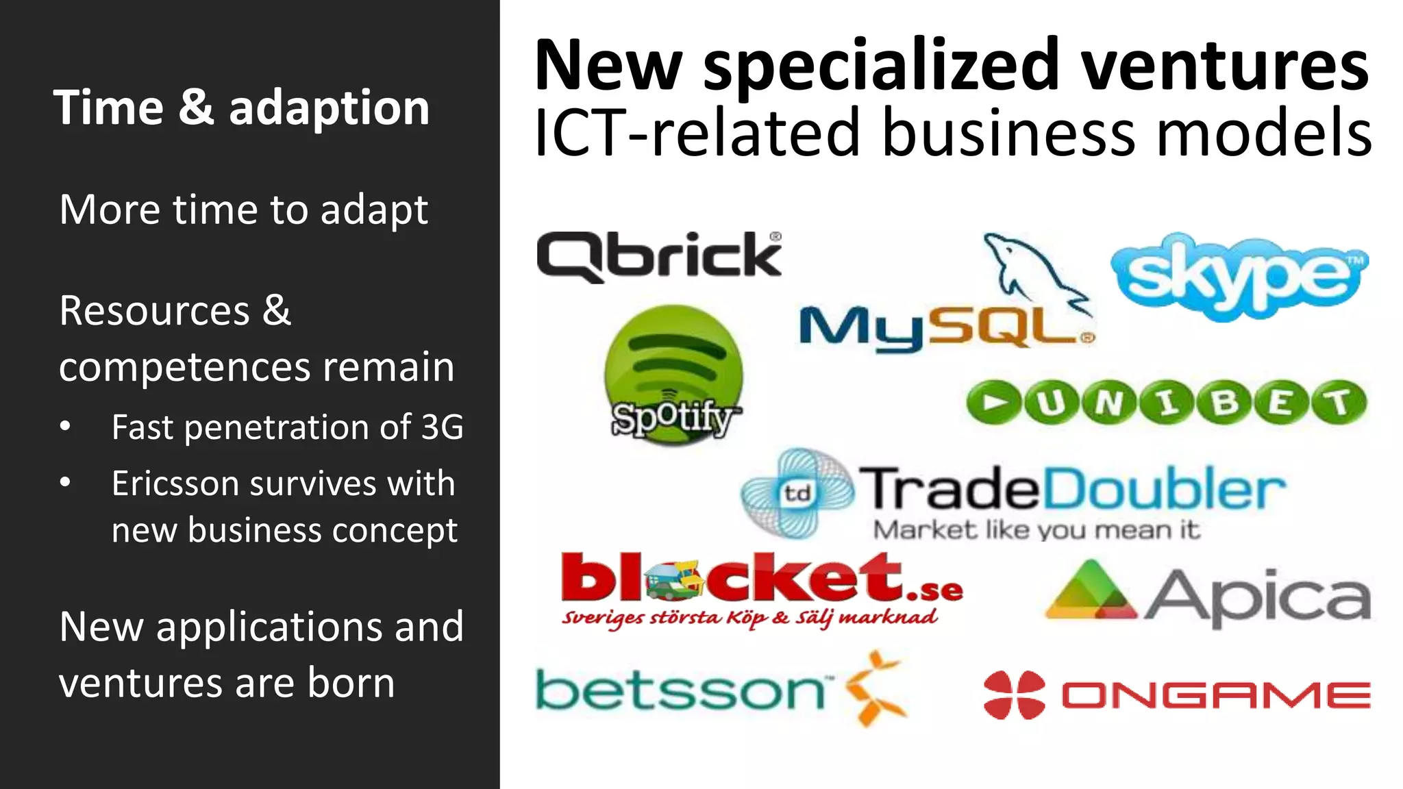 New specialized ventures
ICT-related business models
More time to adapt
Resources &
competences remain
• Fast penetration of 3G
• Ericsson survives with
new business concept
New applications and
ventures are born
Time & adaption
 