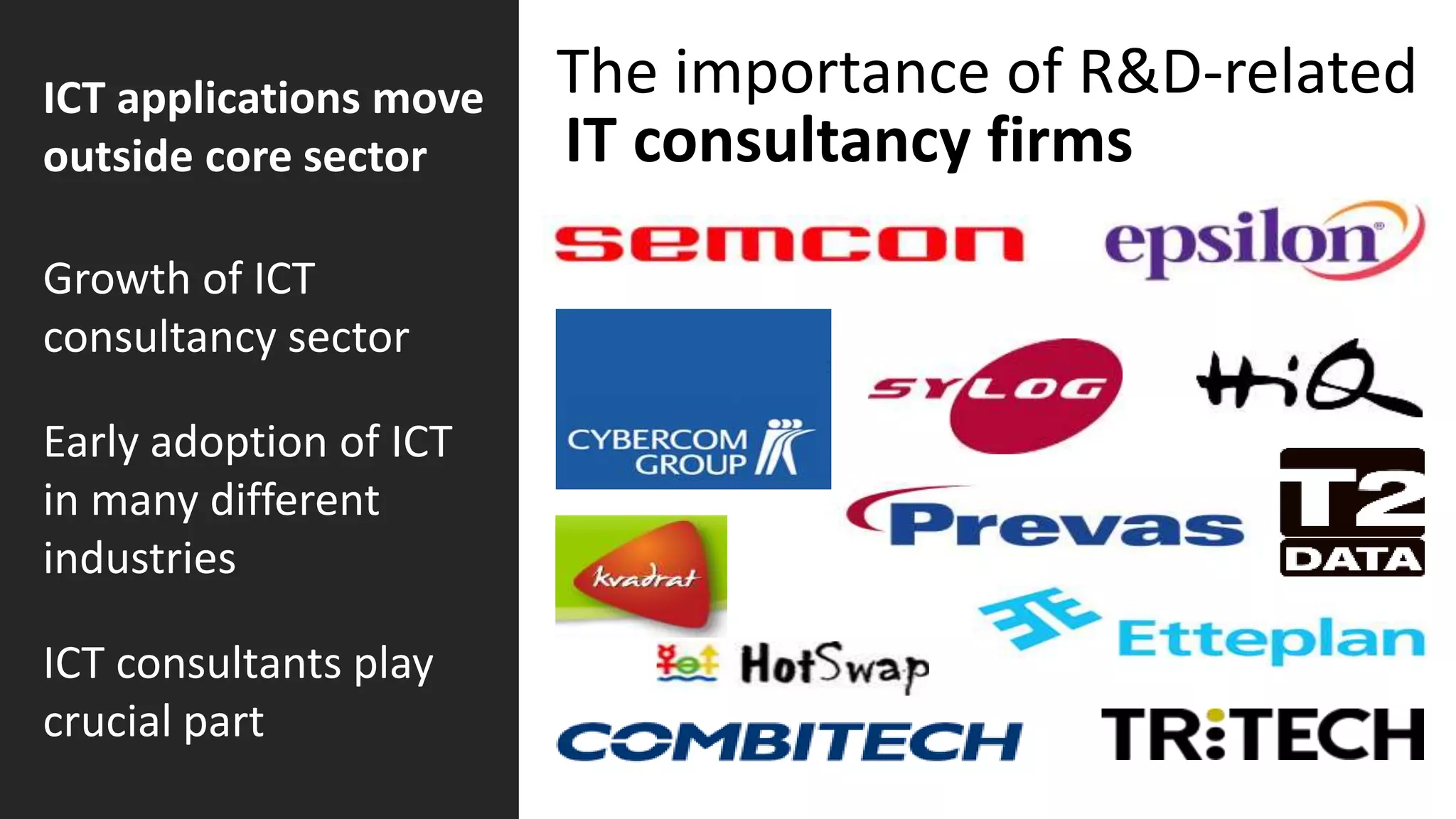 The importance of R&D-related
IT consultancy firms
ICT applications move
outside core sector
Growth of ICT
consultancy sector
Early adoption of ICT
in many different
industries
ICT consultants play
crucial part
 
