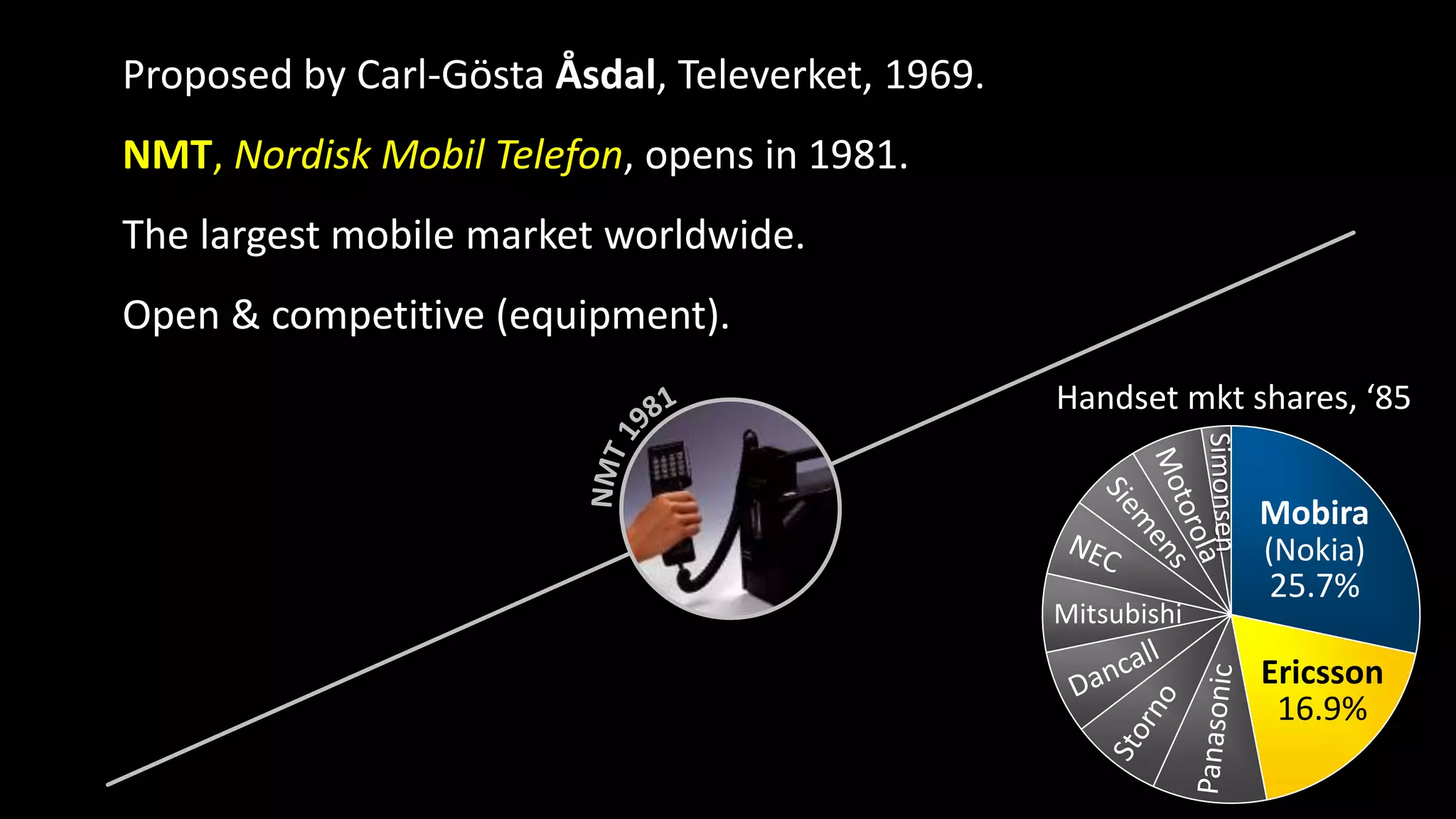 Proposed by Carl-Gösta Åsdal, Televerket, 1969.
NMT, Nordisk Mobil Telefon, opens in 1981.
The largest mobile market worldwide.
Open & competitive (equipment).
Handset mkt shares, ‘85
Mobira
(Nokia)
25.7%
Ericsson
16.9%
Mitsubishi
 
