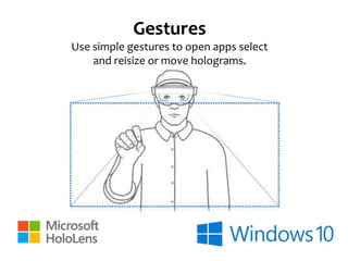 Gestures
Use simple gestures to open apps select
and reisize or move holograms.
 