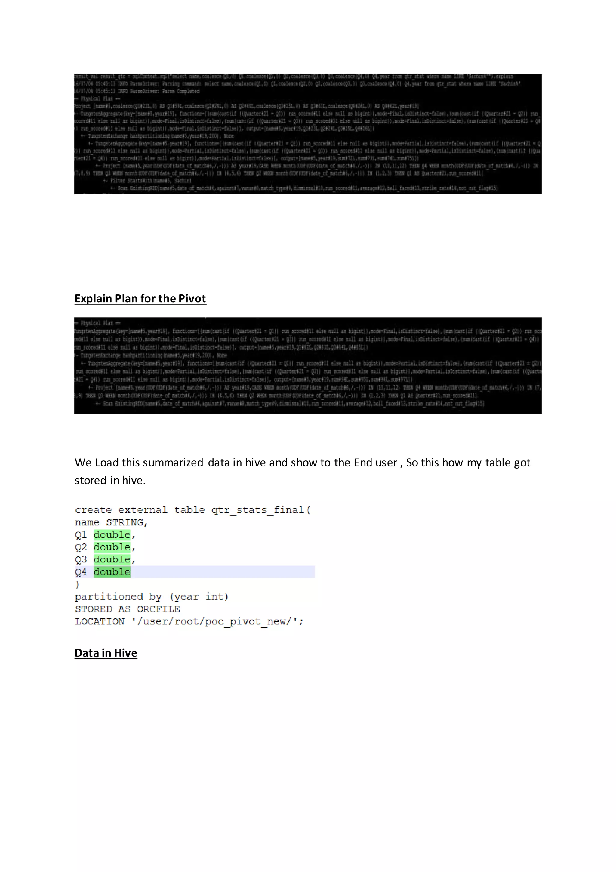 Explain Plan for the Pivot
We Load this summarized data in hive and show to the End user , So this how my table got
stored in hive.
Data in Hive
 