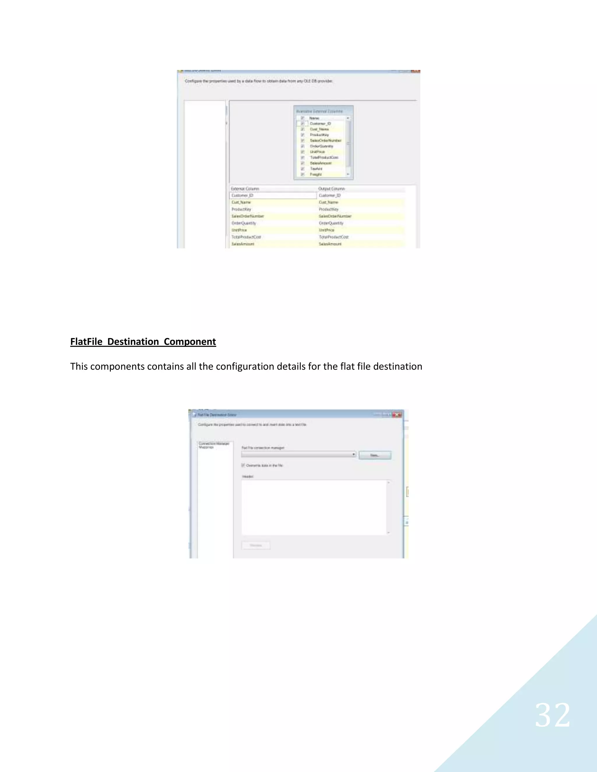 32
This component allows developers to specify requirements for the Excel destination including column
mapping using edit schema as illustrated below.
Customer sales file extract
 
