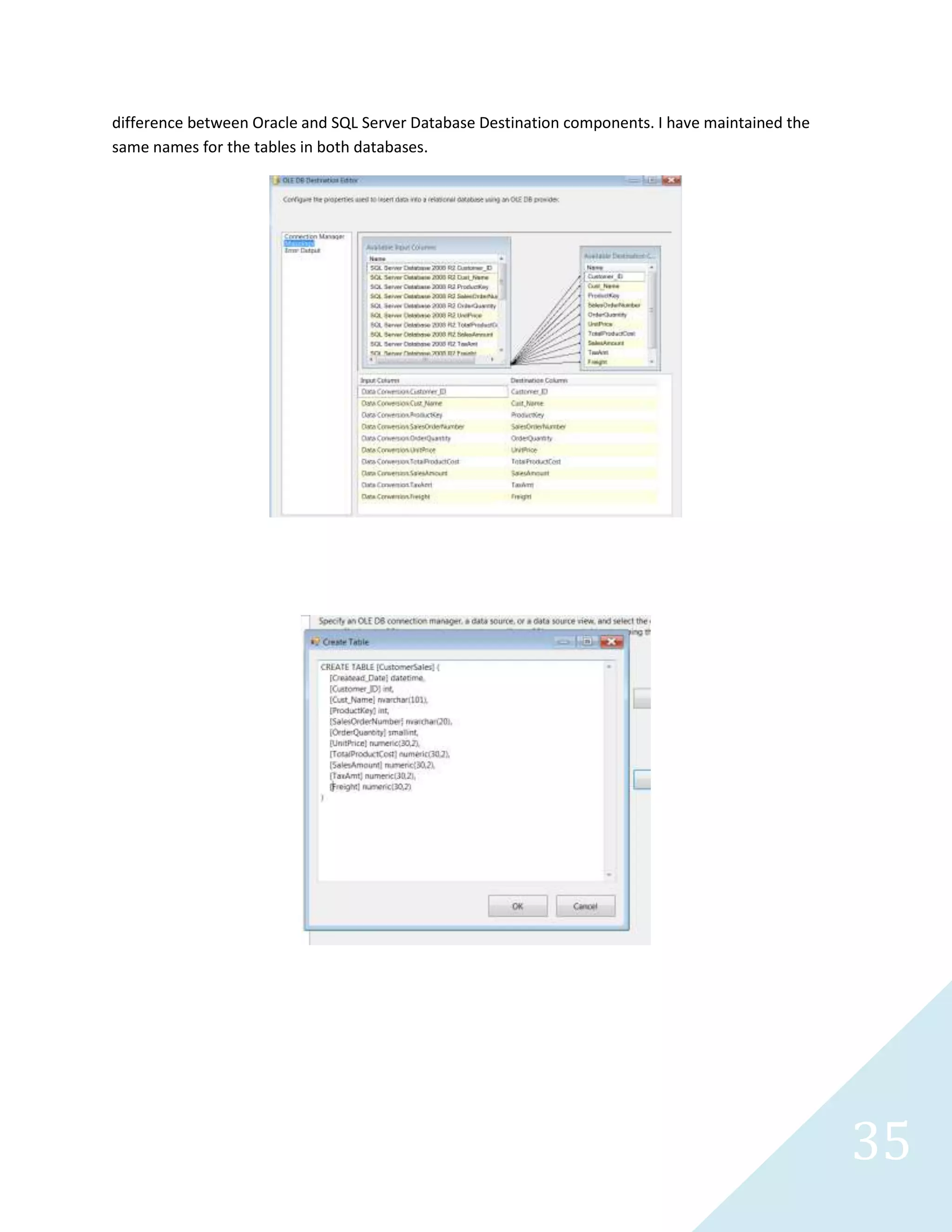 35
Microsoft SQL Server Integration Services 2008
Database Systems: Oracle 11g, Microsoft SQL Server 2008 R2 and 2012
Task
Create view to contain customer information relating to sales history (sales order number, tax, amount
paid etc). The data will be dumped into an Oracle Database using Oracle Client for Microsoft Visual
Studio, text file and SQL Server 2012.
 