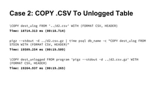 Case 2: COPY .CSV To Unlogged Table
COPY dest_ulog FROM '../d2.csv' WITH (FORMAT CSV, HEADER)
Time: 18714.313 ms (00:18.714)
pigz --stdout -d ../d2.csv.gz | time psql db_name -c "COPY dest_ulog FROM
STDIN WITH (FORMAT CSV, HEADER)"
Time: 19509.254 ms (00:19.509)
COPY dest_unlogged FROM program 'pigz --stdout -d ../d2.csv.gz' WITH
(FORMAT CSV, HEADER)
Time: 19264.937 ms (00:19.265)
 