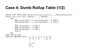 Case 4: Dumb Rollup Table (1/2)
CREATE TEMP TABLE dumb_rollup (a,b,c,d,e,f,g,h,m1,...,mN,grouping_level)
SELECT a,b,c,d,e,f,g,h, SUM(m1), ..., SUM(mN),
CASE
WHEN grouping(d) = 0 and grouping(h) = 0 THEN 9
WHEN grouping(c) = 0 and grouping(h) = 0 THEN 8
...
WHEN grouping(c) = 0 THEN 3
WHEN grouping(b) = 0 THEN 2
WHEN grouping(a) = 0 THEN 1
ELSE 0
END
FROM copied_table
GROUP BY GROUPING SETS( (a, b, c, d, e, f, g, h),
(a, b, c, d, f, g, h),
...
(a, b),
(a),
() );
 