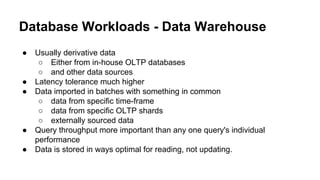 Database Workloads - Data Warehouse
● Usually derivative data
○ Either from in-house OLTP databases
○ and other data sources
● Latency tolerance much higher
● Data imported in batches with something in common
○ data from specific time-frame
○ data from specific OLTP shards
○ externally sourced data
● Query throughput more important than any one query's individual
performance
● Data is stored in ways optimal for reading, not updating.
 