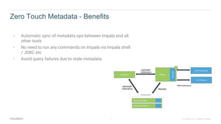 3 © Cloudera, Inc. All rights reserved.
Zero Touch Metadata - Benefits
• Automatic sync of metadata ops between Impala and all
other tools
• No need to run any commands on Impala via Impala shell
/ JDBC etc
• Avoid query failures due to stale metadata
 