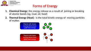 Forms of Energy
1. Chemical Energy: the energy release as a result of joining or breaking
of atomic bonds (eg. Coal, oil, food)
2. Thermal Energy (Heat): is the total kinetic energy of moving particles
of matter.
 