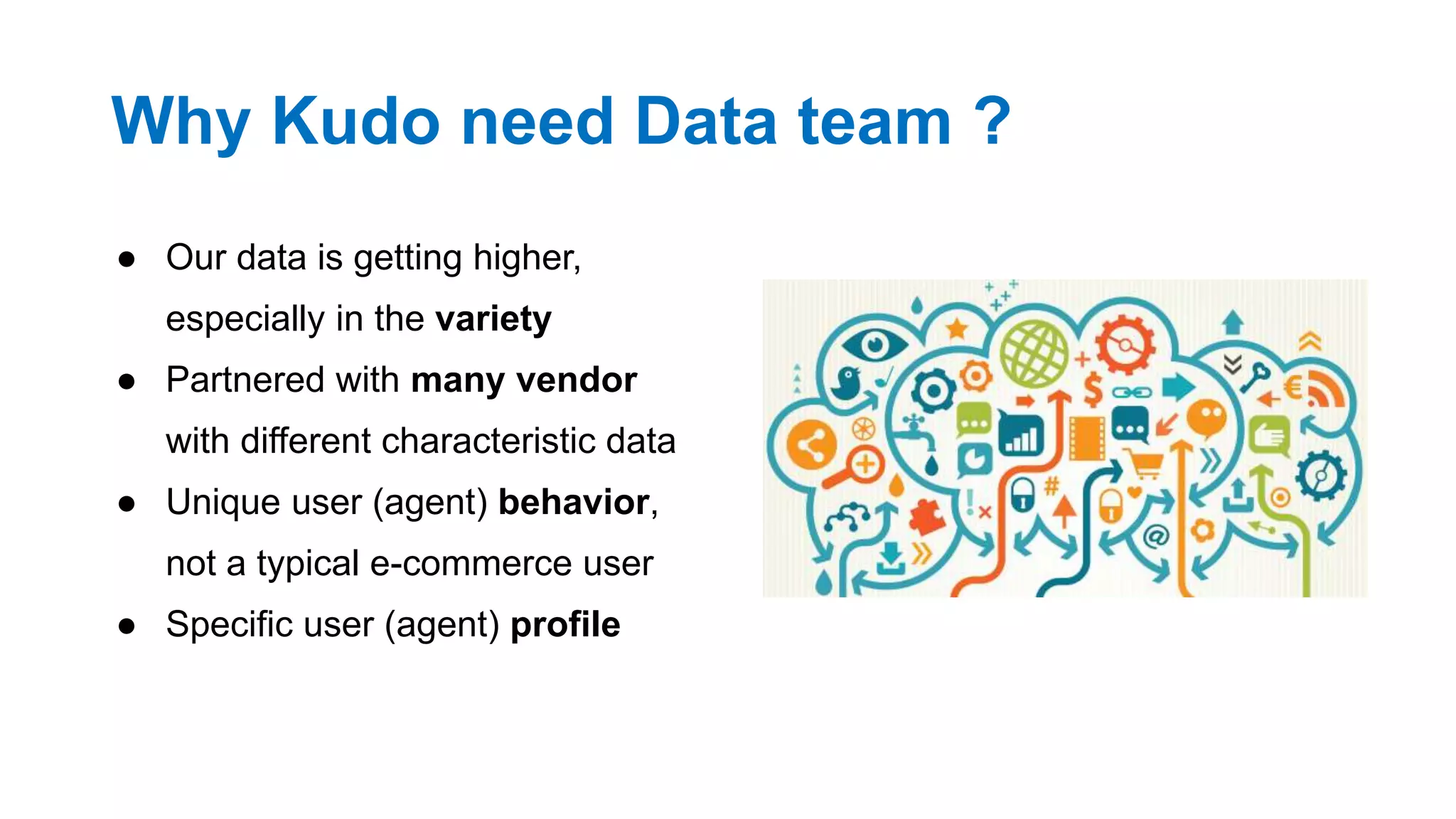 Why Kudo need Data team ?
● Our data is getting higher,
especially in the variety
● Partnered with many vendor
with different characteristic data
● Unique user (agent) behavior,
not a typical e-commerce user
● Specific user (agent) profile
 