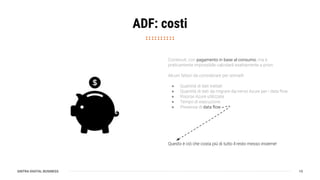 SINTRA DIGITAL BUSINESS
ADF: costi
15
Contenuti, con pagamento in base al consumo, ma è
praticamente impossibile calcolarli esattamente a priori.
Alcuni fattori da considerare per stimarli:
● Quantità di dati trattati
● Quantità di dati da migrare da/verso Azure per i data ﬂow
● Risorse Azure utilizzate
● Tempo di esecuzione
● Presenza di data ﬂow
Questo è ciò che costa più di tutto il resto messo insieme!
 