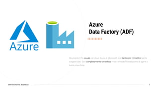 SINTRA DIGITAL BUSINESS
Azure
Data Factory (ADF)
Strumento ETL visuale nel cloud Azure di Microsoft, con tantissimi connettori per le
sorgenti dati. Gira completamente serverless e non richiede l’installazione di agent a
bordo macchina.
7
 