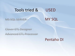 Tools tried &       USEDMS SQL SERVER   MY SQLClover ETL DesignerAdvanced ETL ProcessorPentaho DI