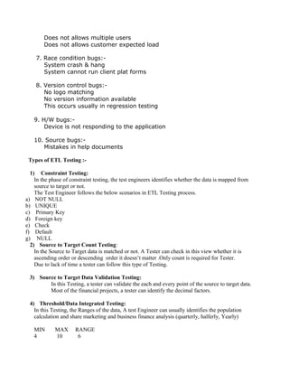 Does not allows multiple users
Does not allows customer expected load
7. Race condition bugs:-
System crash & hang
System cannot run client plat forms
8. Version control bugs:-
No logo matching
No version information available
This occurs usually in regression testing
9. H/W bugs:-
Device is not responding to the application
10. Source bugs:-
Mistakes in help documents
Types of ETL Testing :-
1) Constraint Testing:
In the phase of constraint testing, the test engineers identifies whether the data is mapped from
source to target or not.
The Test Engineer follows the below scenarios in ETL Testing process.
a) NOT NULL
b) UNIQUE
c) Primary Key
d) Foreign key
e) Check
f) Default
g) NULL
2) Source to Target Count Testing:
In the Source to Target data is matched or not. A Tester can check in this view whether it is
ascending order or descending order it doesn’t matter .Only count is required for Tester.
Due to lack of time a tester can follow this type of Testing.
3) Source to Target Data Validation Testing:
In this Testing, a tester can validate the each and every point of the source to target data.
Most of the financial projects, a tester can identify the decimal factors.
4) Threshold/Data Integrated Testing:
In this Testing, the Ranges of the data, A test Engineer can usually identifies the population
calculation and share marketing and business finance analysis (quarterly, halferly, Yearly)
MIN MAX RANGE
4 10 6
 
