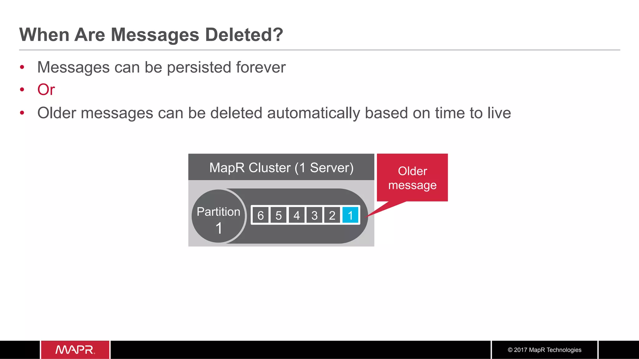 © 2017 MapR Technologies When Are Messages Deleted? •  Messages can be persisted forever •  Or •  Older messages can be deleted automatically based on time to live MapR Cluster (1 Server) 6 5 4 3 2 1Partition 1 Older message 